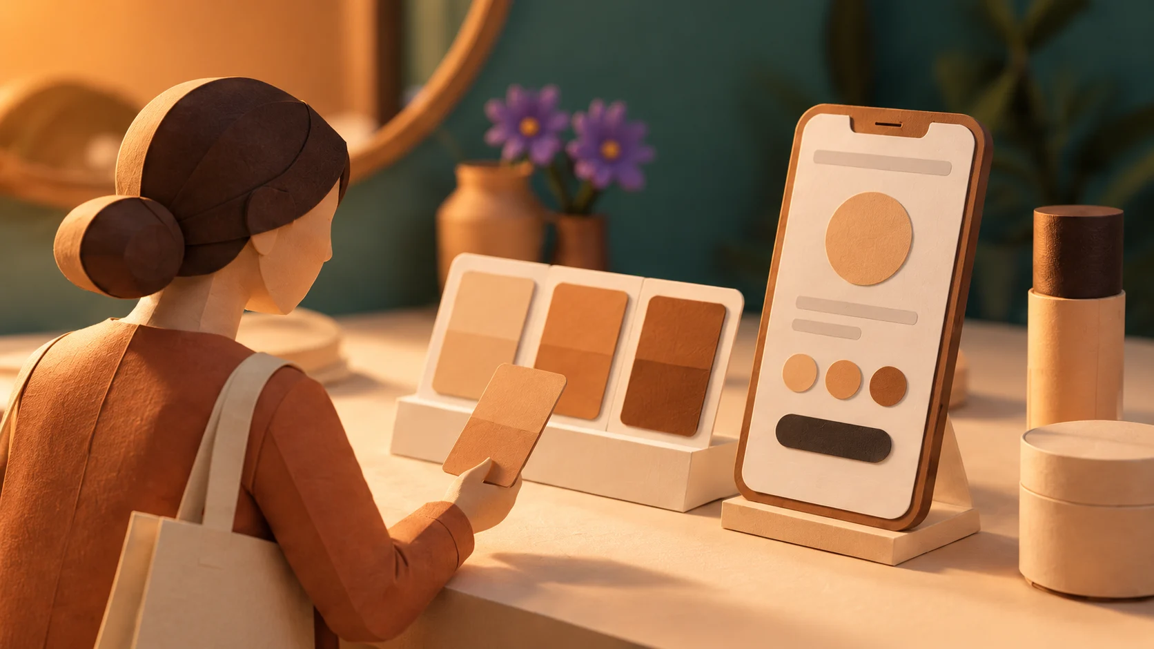 Illustrated papercraft foundation consultation with a phone and three shade choices.