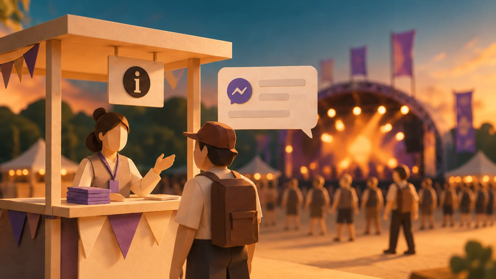 Illustrated papercraft festival information desk with a fan, a support team member and a chat panel.