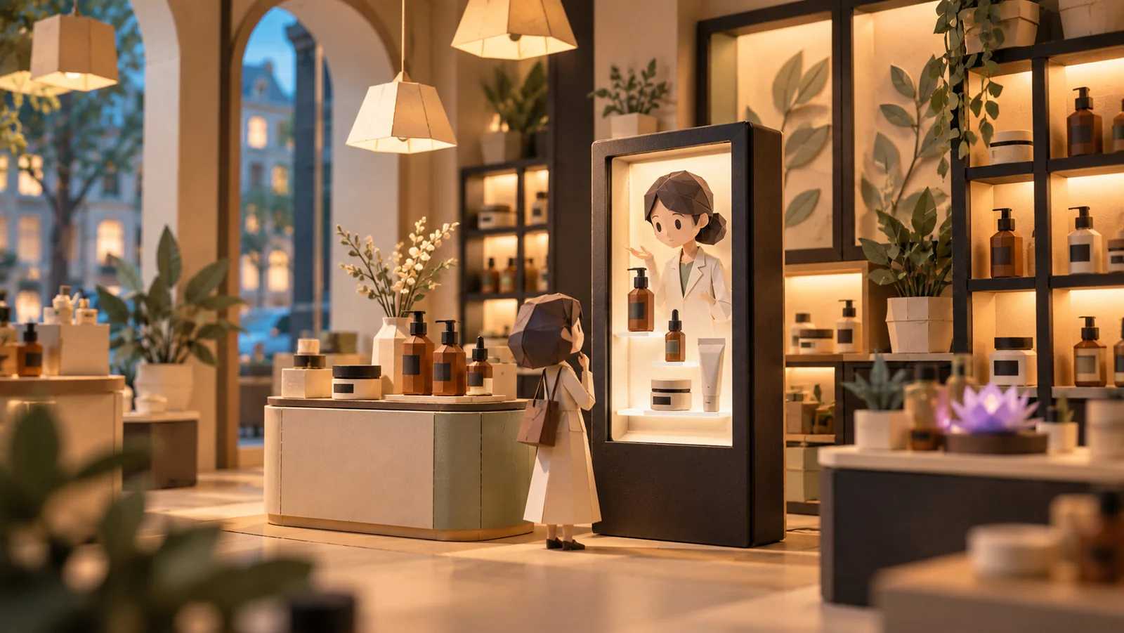 Papercraft apothecary where a shopper receives skincare guidance from a female digital advisor inside a kiosk, interpreting the Kiehl’s Eve experience.