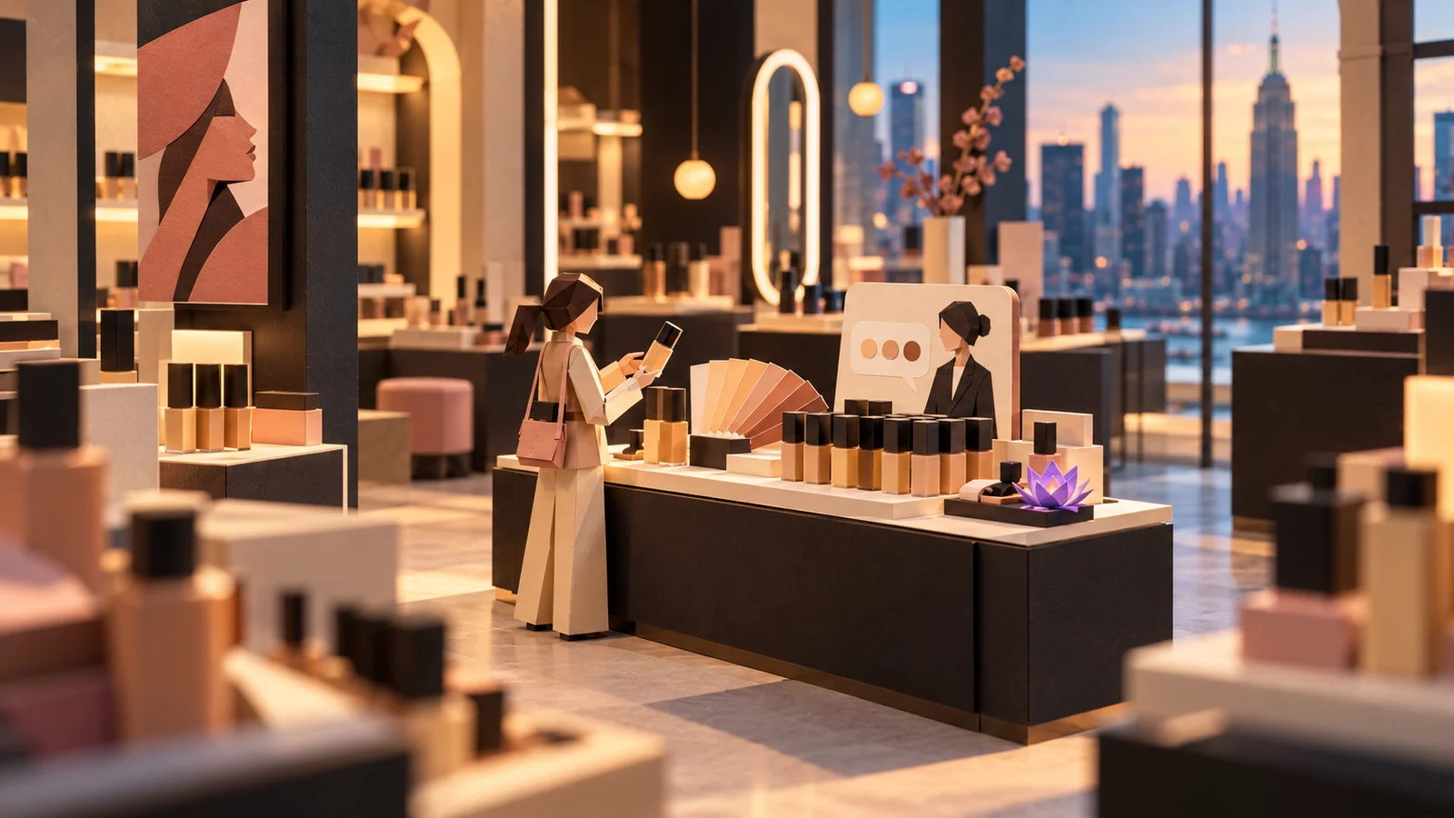 Papercraft New York beauty counter where a shopper uses conversational guidance and shade cards to choose foundation, interpreting Maybelline’s Fit Me journey.