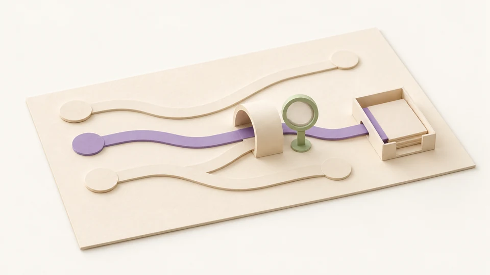 One violet paper workflow path passes through a small checkpoint toward a tray, beside quieter cream paths.
