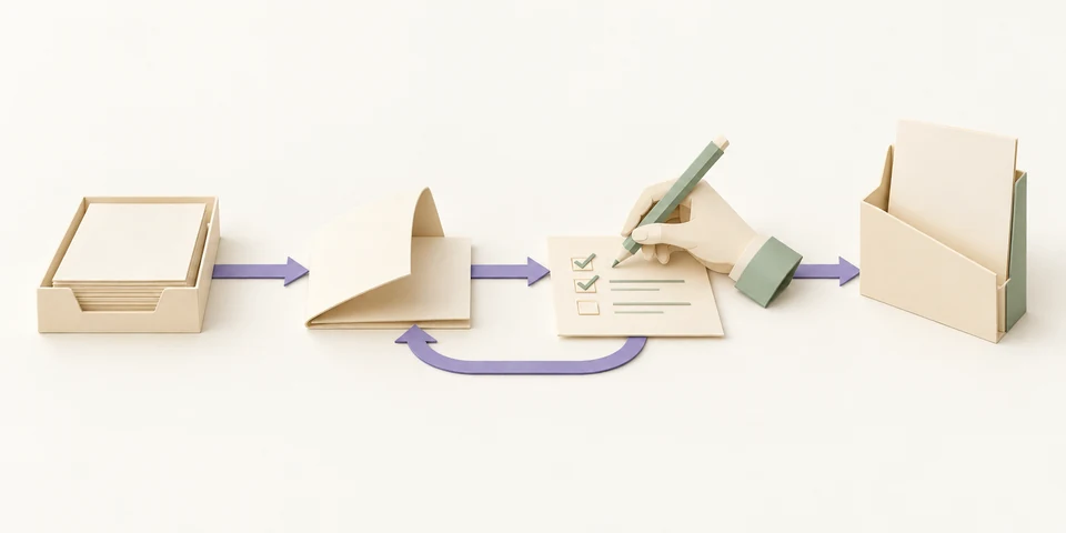 A paper document moves from an input tray to preparation, through a person's pencil review and into a record folder. A return arrow takes corrections from review back to preparation.
