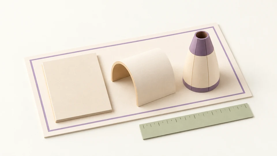 A small paper construction kit fits inside a violet boundary beside a simple ruler.