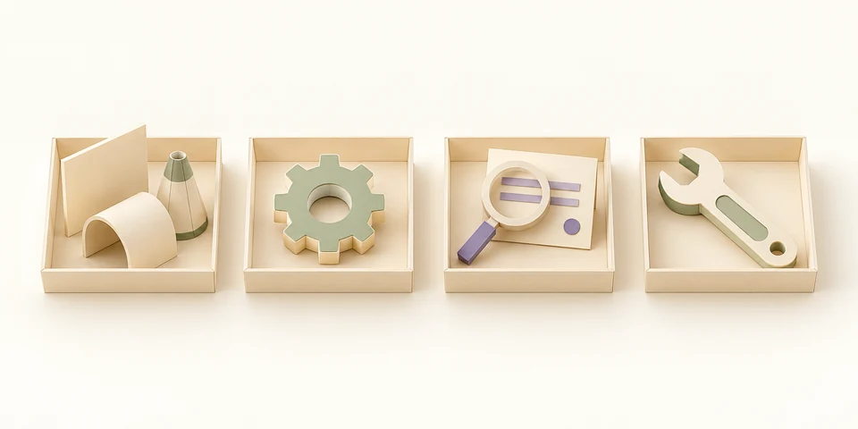 Four equal paper trays hold construction pieces, a gear, an inspection lens and a wrench: build, running, human review and support.