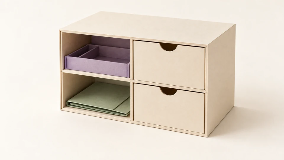 An intact cream paper storage cabinet with one fitted violet organizer inside an upper compartment.
