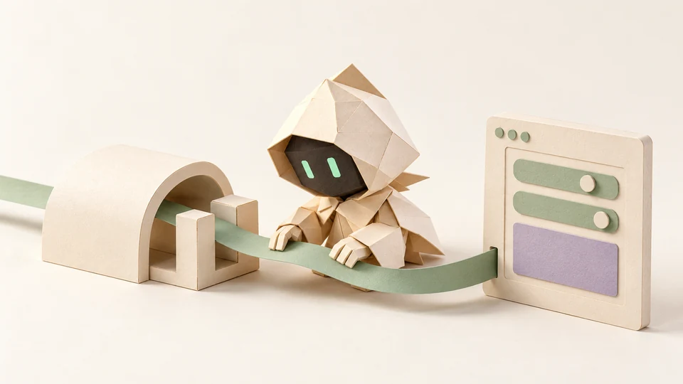 A sage paper path connects a fixed guide gate, a folded AI helper and a simple interface panel.