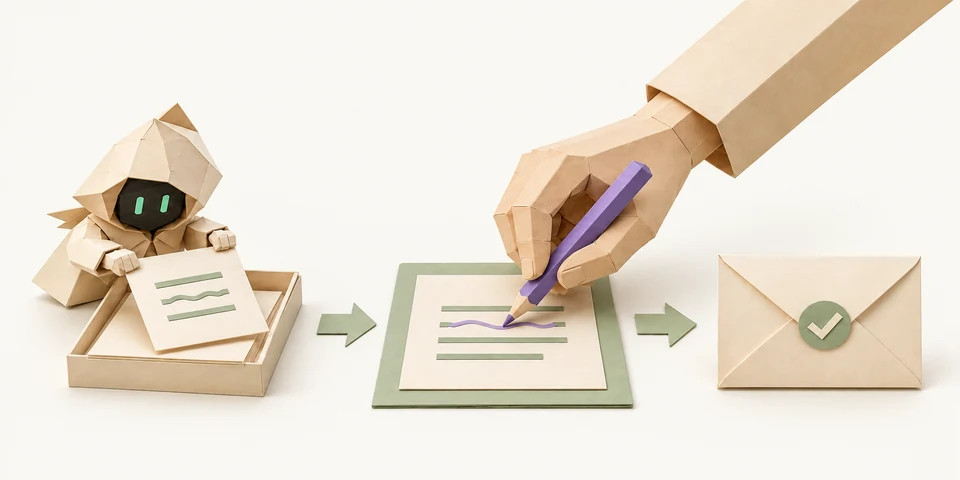 Three paper stations linked left to right: a helper’s draft tray, a hand editing the draft, and a sealed envelope.
