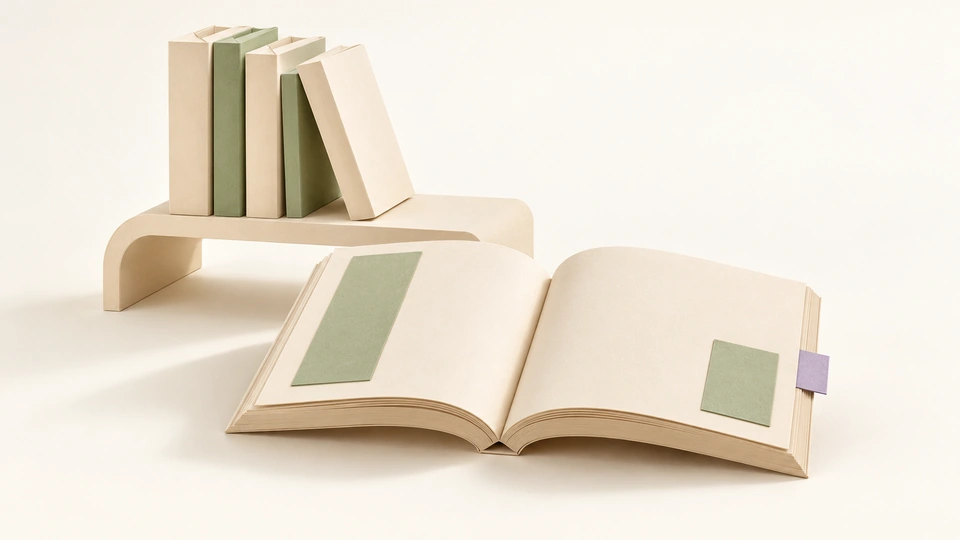 An open paper sourcebook with a violet index tab rests in front of a small shelf of cream and sage books.