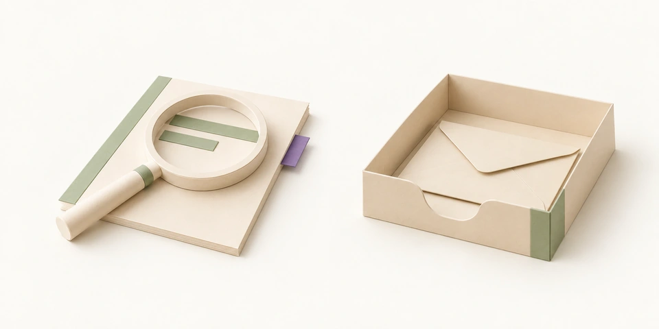 A paper source page under a magnifying glass sits separately from a folded-card enquiry inbox.