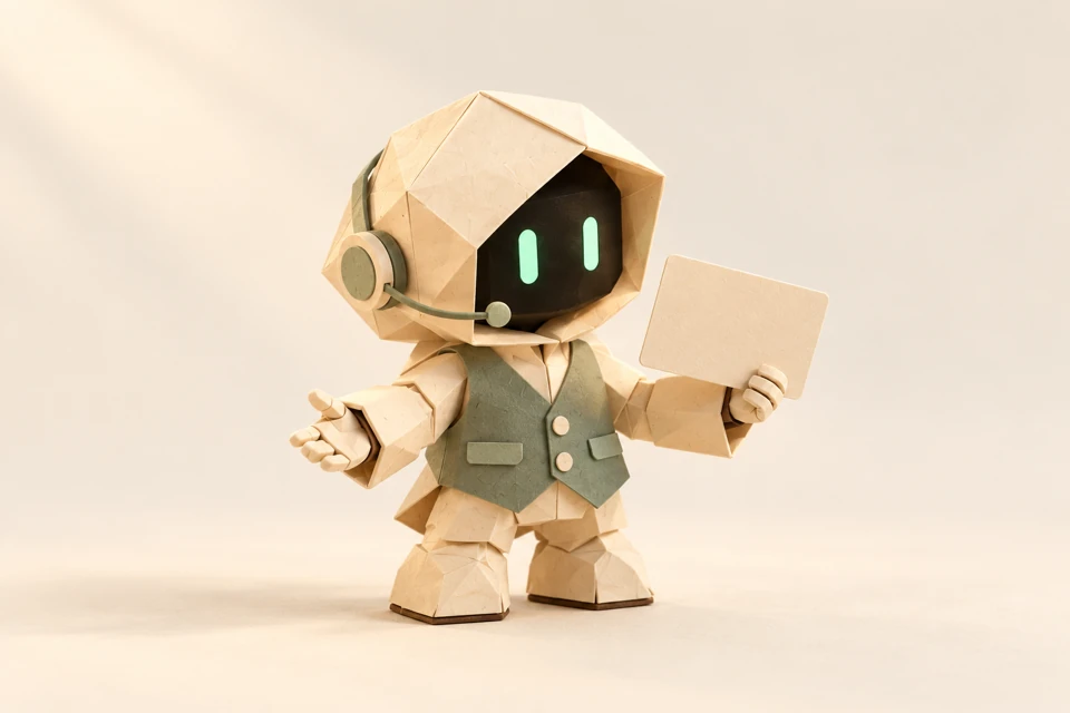Cream papercraft robot wearing a sage waistcoat and a small headset, holding a correspondence card.
