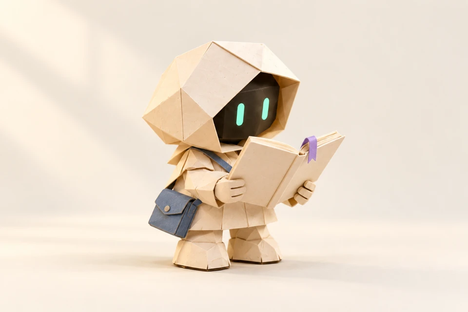 Cream papercraft robot with a slate satchel and an open reference book.