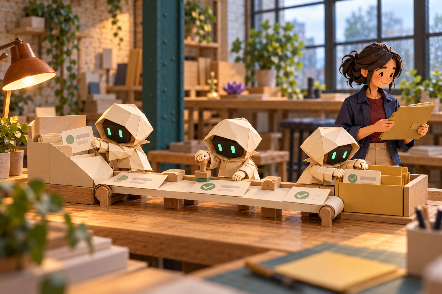 Paper helpers move a request card through checking and filing stations on one connected workbench in an imagined warehouse.