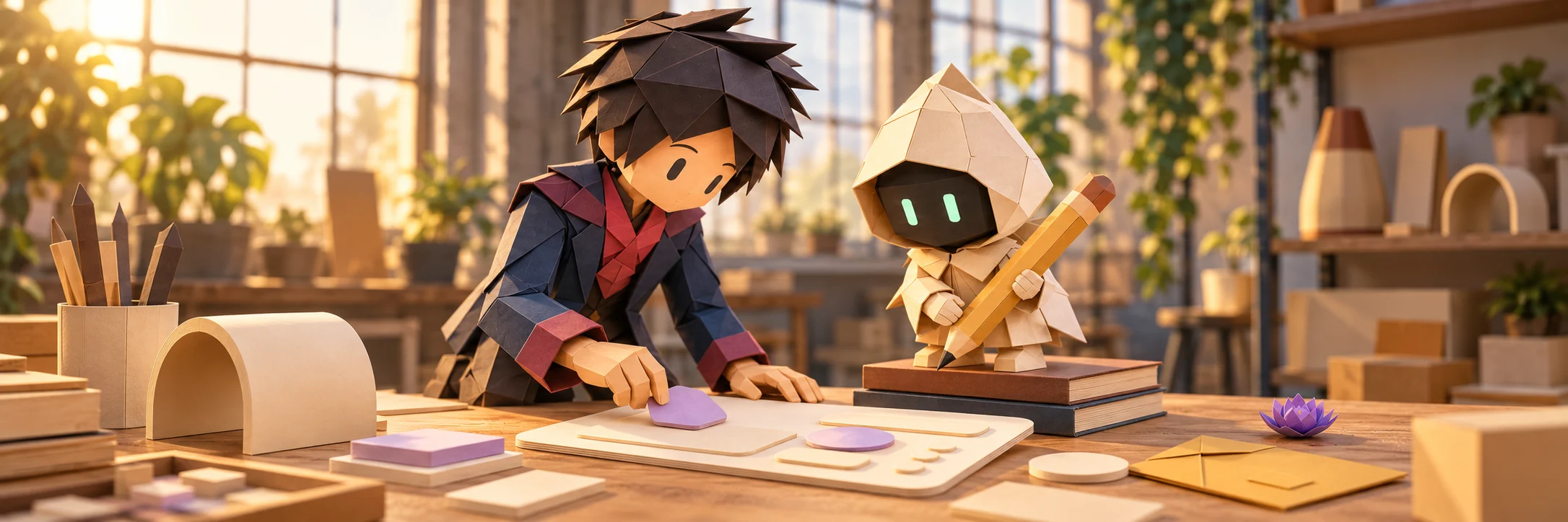 Sean’s paper maker and the little robot build a design together at a sunlit studio table, with the robot holding an oversized pencil.