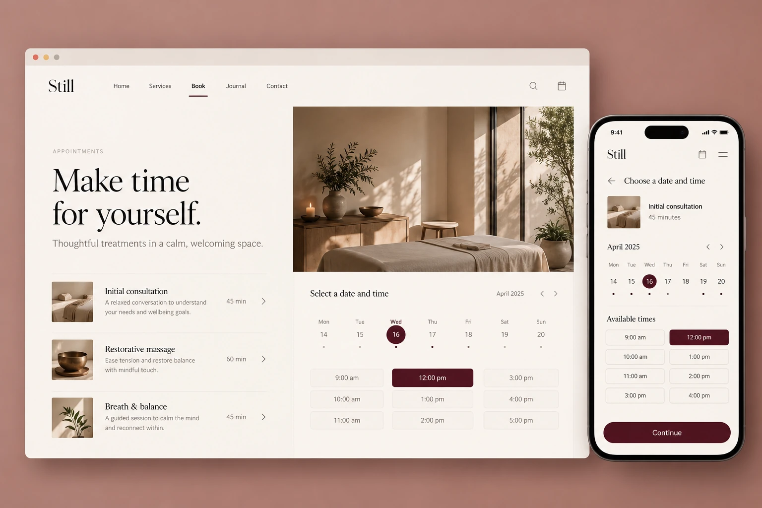 An editorial wellness booking website and matching phone calendar on a rose-coloured field.