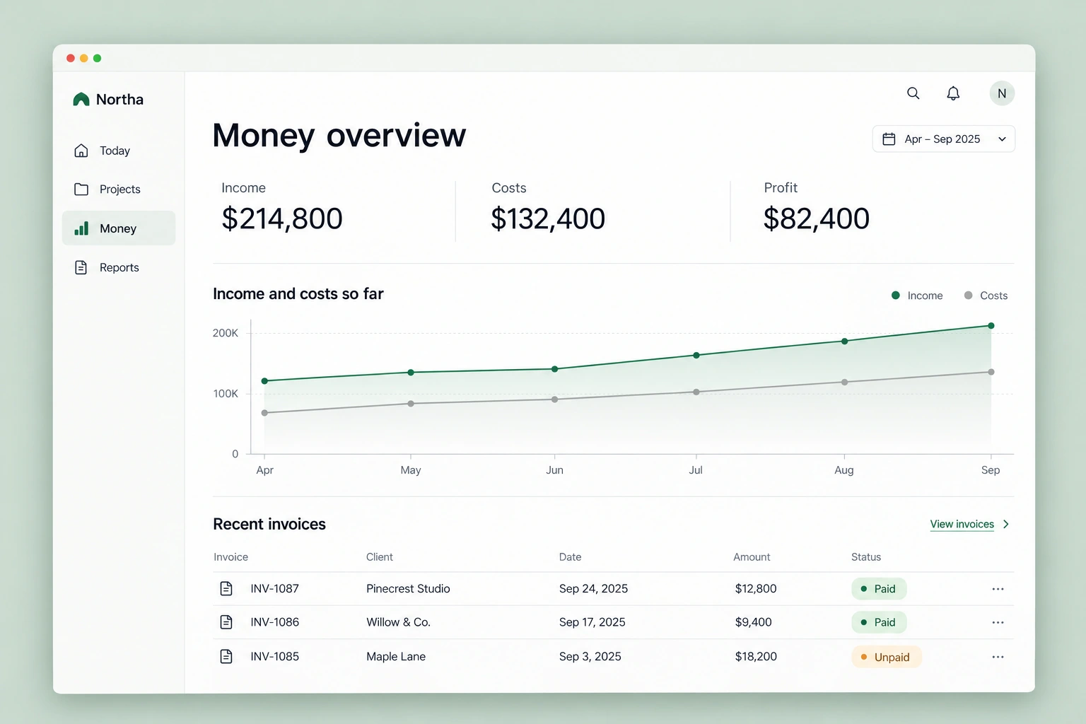 A sage-framed finance workspace with a green chart and a concise invoice list.