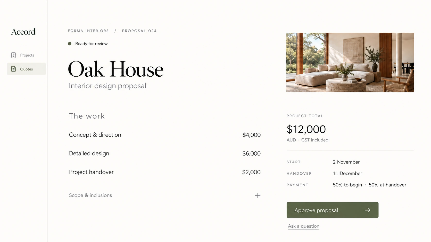 An ivory proposal workspace with a spacious scope document, itemised pricing and a review action.