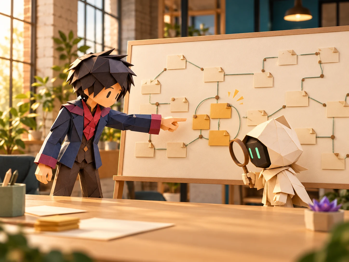 The paper maker and cream robot map a working day on a whiteboard and identify an opportunity.
