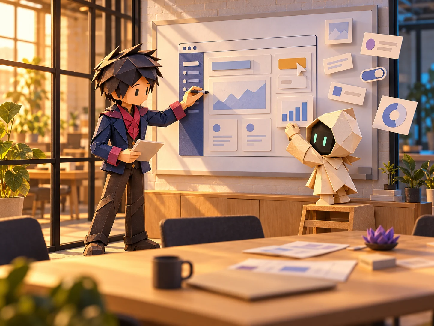 The paper maker and cream robot design an app together using a whiteboard and floating paper interface components.